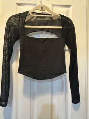 ReoRia Black Mesh-Sleeve Corset Crop Top